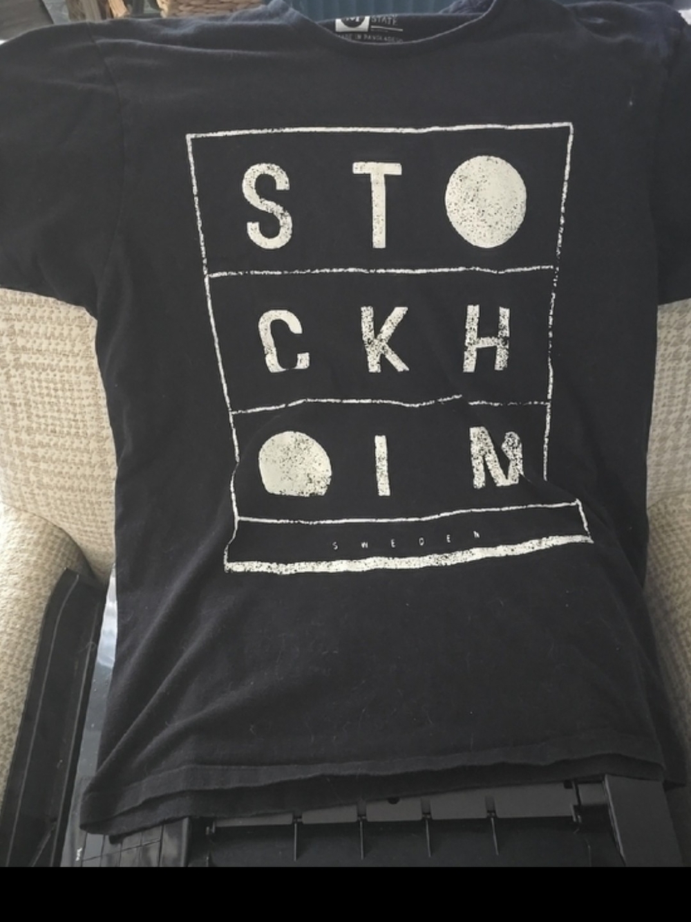 Black Short Sleeve Grahic Tee with STOCKHOLM Sweden Travel Design Size Medium